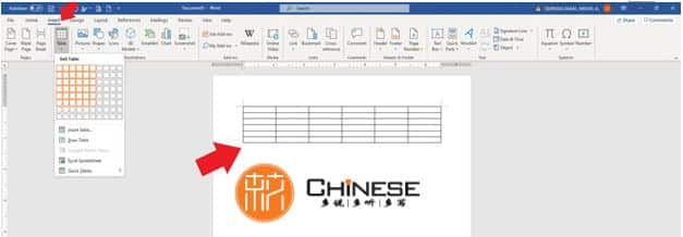 Bước 1 Chèn bảng Hướng dẫn tạo file tập viết chữ Hán và mẫu tải về