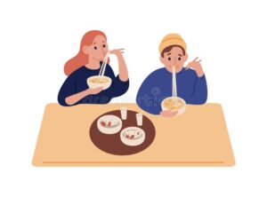 餐厅吃面的潮人男女用矢量图平图 卡通夫妇喜欢用筷子做拉面 178155571