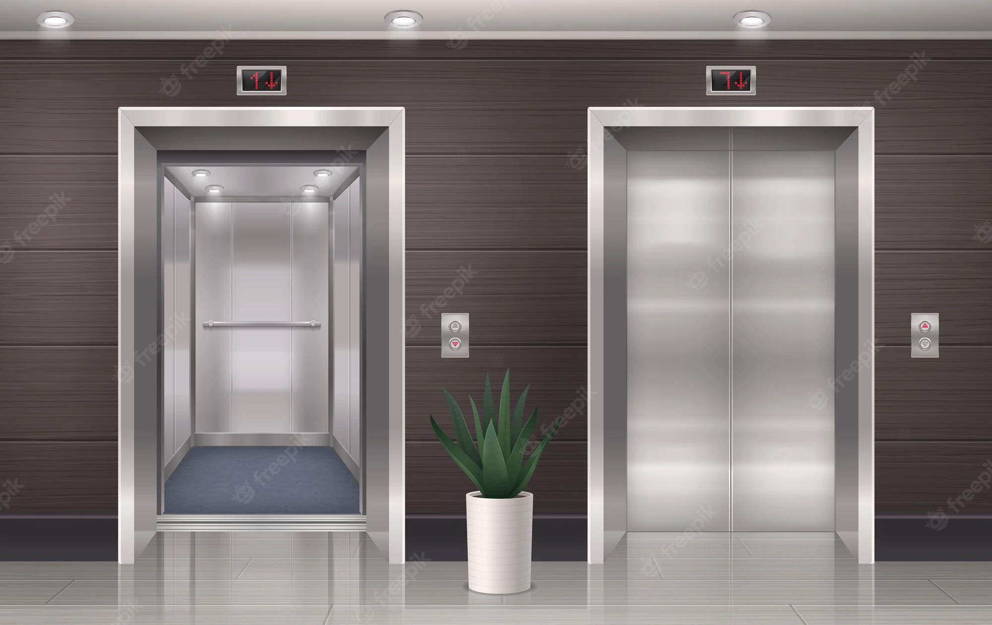 elevator door realistic composition with elevator hall doors front view with side post home plant illustration 1284 62888