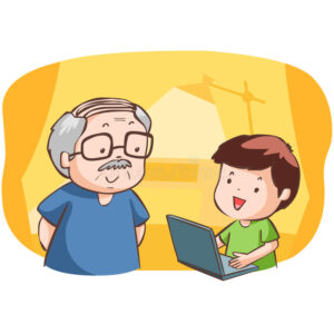 nephew show grandad how to use computer illustration 56065028